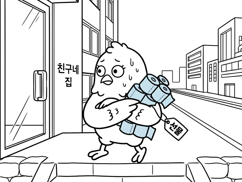 1~2만원대 집들이 선물 다섯 가지를 새 집 거실 탁자에 모아둔 선물도감 일러스트