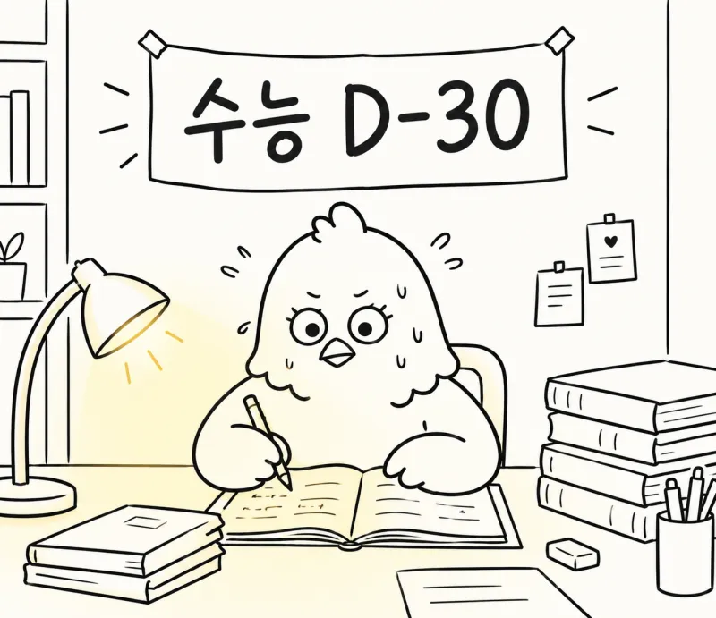 수능 D-30 현수막 아래 책상에서 긴장한 얼굴로 공부하는 병아리 수험생 일러스트