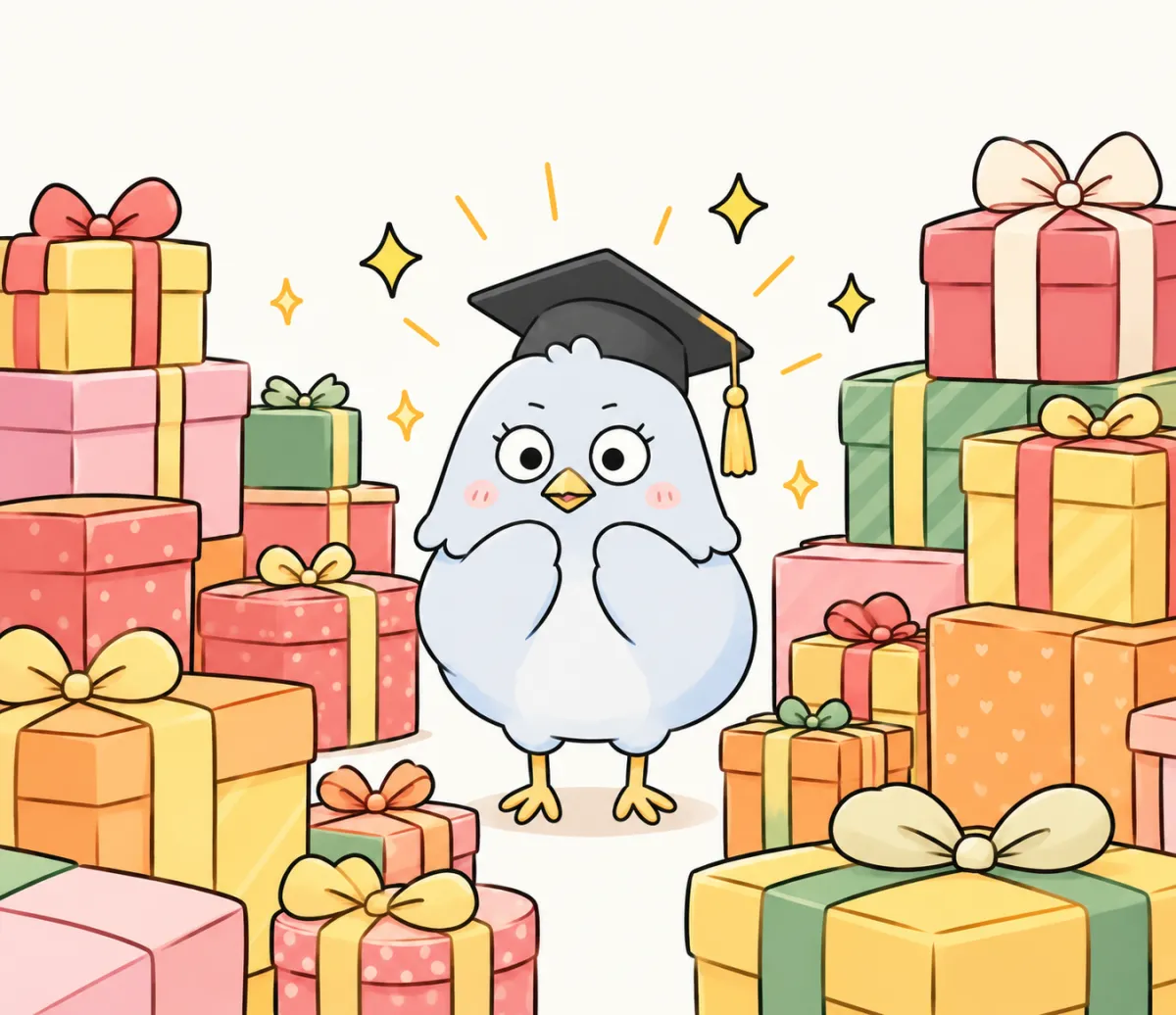 학사모를 쓰고 알록달록한 선물 상자들에 둘러싸여 반짝이는 병아리 일러스트